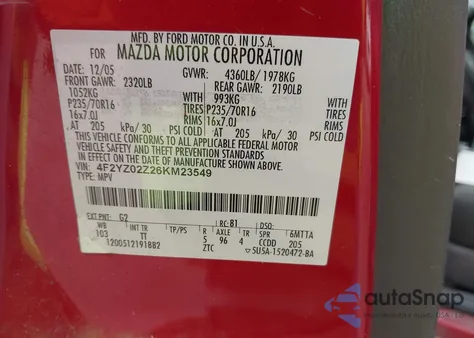 2006 Mazda Tribute I z USA, uszkodzony, nr VIN 4F2YZ02Z26KM23549